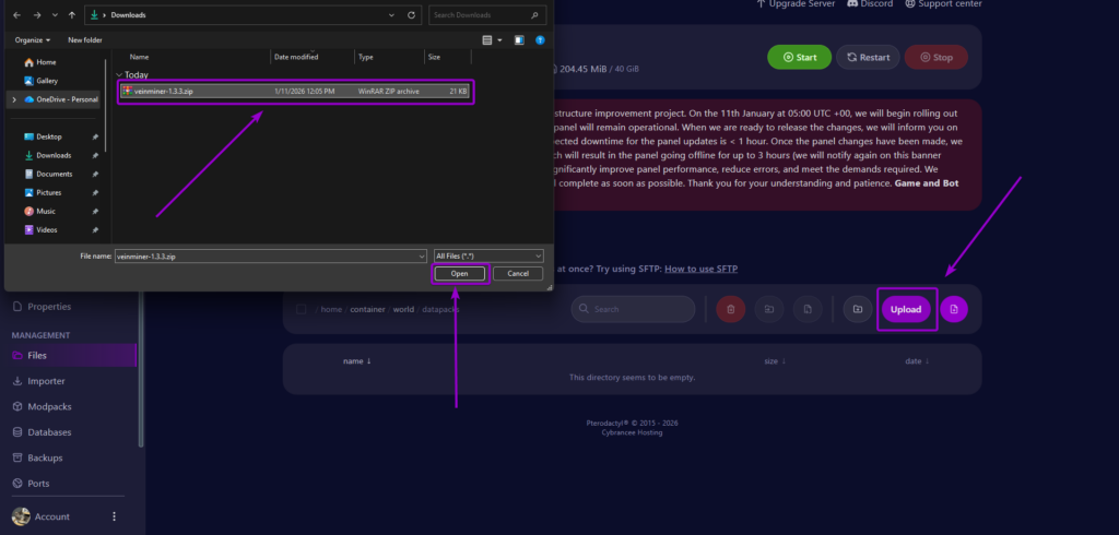 Uploading a zip file into the Minecraft datapacks folder on the Cybrancee panel.