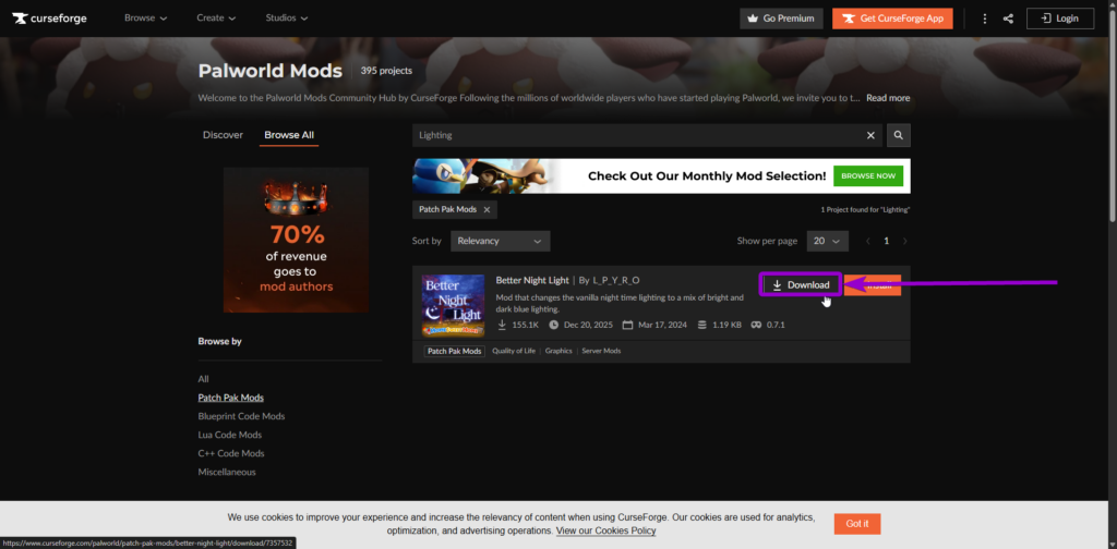 'Download' button outlined with arrow on CurseForge 
