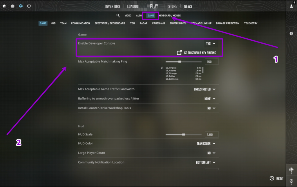 CS2 Game with GAME and Enable Developer Console outlined.