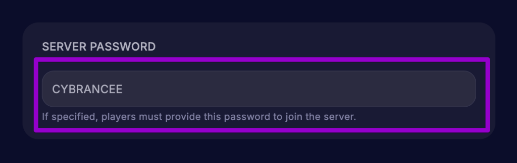 Startup tab of Cybrancee panel with SERVER PASSWORD field outlined.