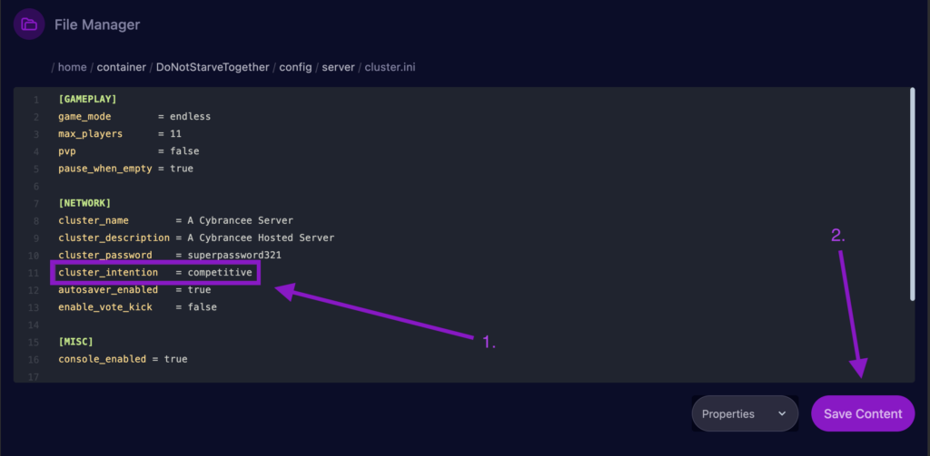 Cybrancee File Manager displaying the cluster.ini file with the cluster_intention set to 'competitive' and the 'Save Content' button highlighted.