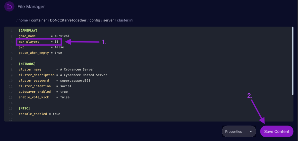 Cybrancee File Manager displaying max_players setting with Save button highlighted.