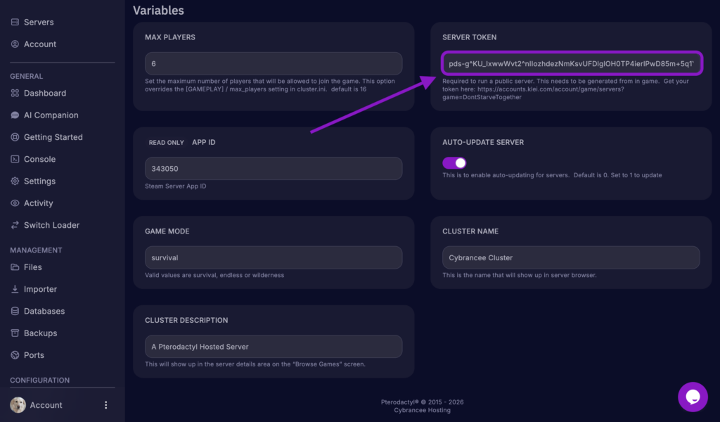 Cybrancee Panel Server Token setting in Variables for Don't Starve Together server.