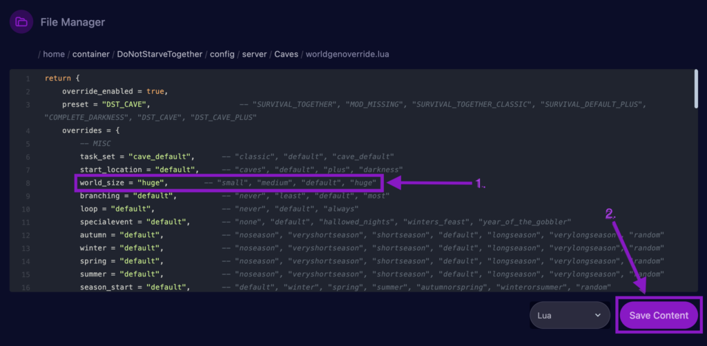 Cybrancee File Manager showing World Size setting with Save Button highlighted