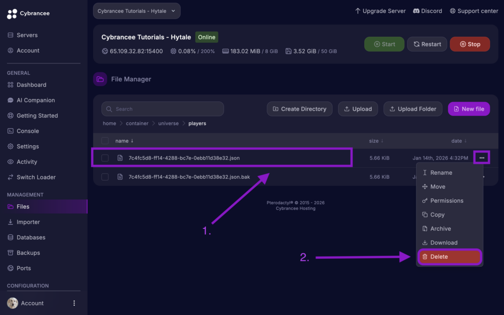 Cybrancee File Manager displaying player data deletion with the Delete option highlighted.