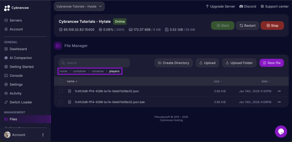 Cybrancee File Manager displaying players folder with individual player JSON files highlighted for Hytale server.