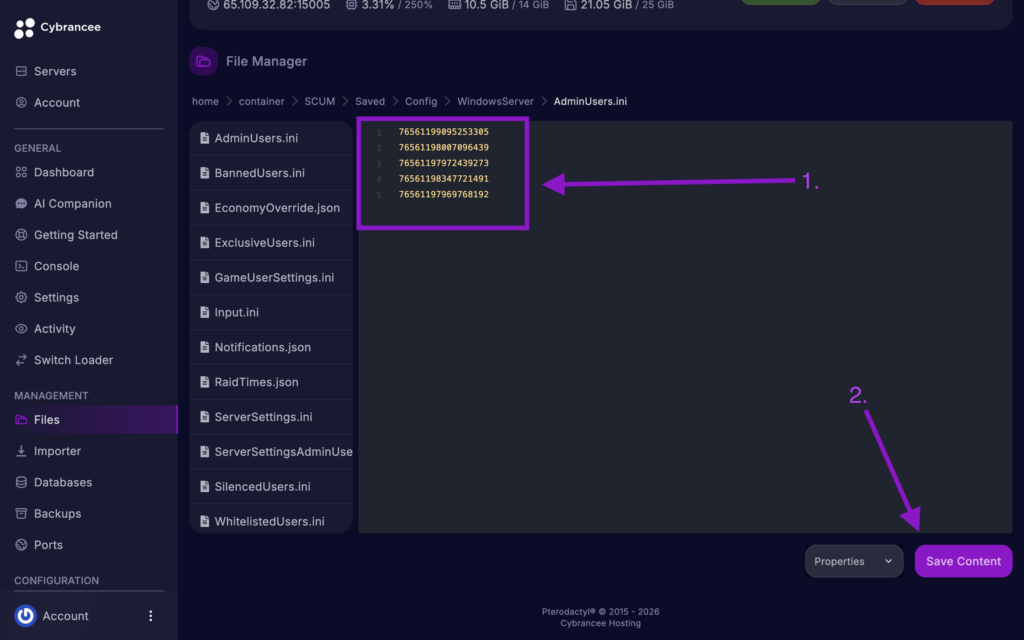 Cybrancee File Manager displaying SteamID64 list in AdminUsers.ini with the Save Content button highlighted for a SCUM server.
