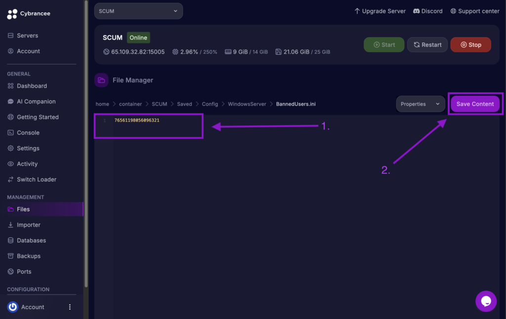 Cybrancee File Manager displaying SteamID64 list in BannedUsers.ini with the Save Content button highlighted for a SCUM server.