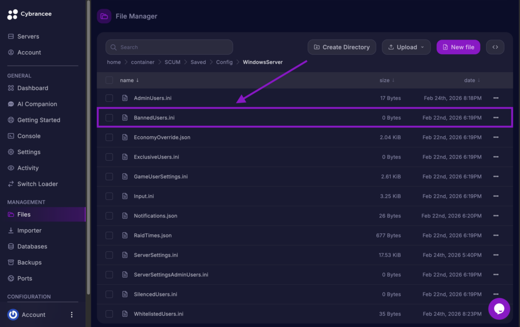 Cybrancee File Manager displaying the BannedUsers.ini file highlighted for a SCUM server.