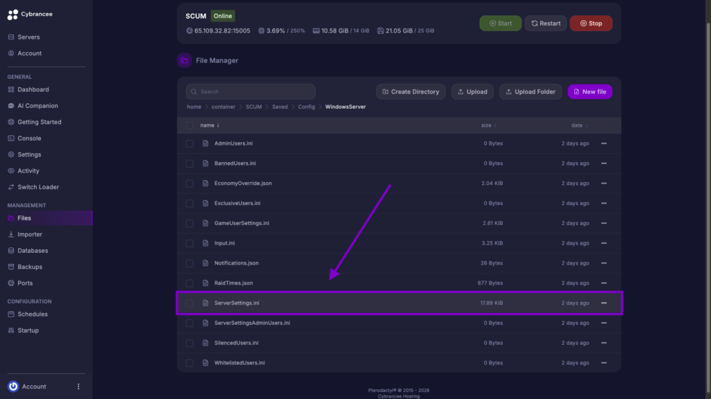 Cybrancee File Manager displaying the ServerSettings.ini file highlighted for a SCUM server.
