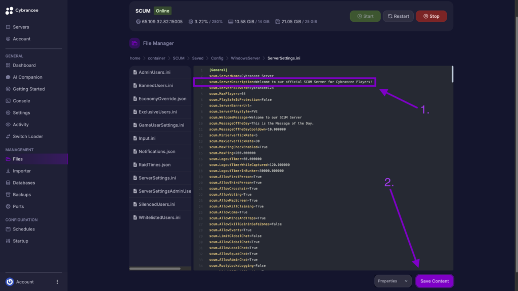 Cybrancee File Manager displaying scum.ServerDescription setting with the Save Content button highlighted for a SCUM server.
