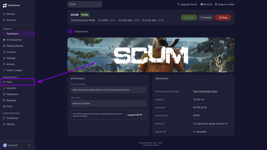 Cybrancee Dashboard displaying the Files section highlighted in the sidebar for a SCUM server.