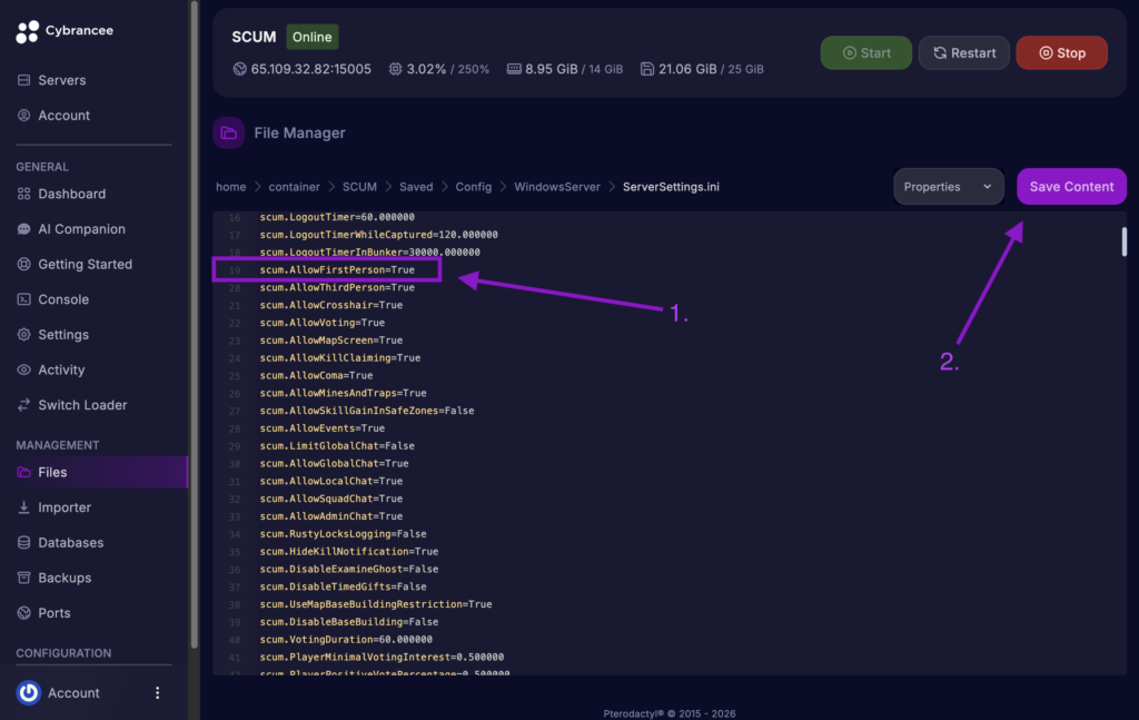 Cybrancee File Manager displaying scum.AllowFirstPerson setting with the Save Content button highlighted for a SCUM server.