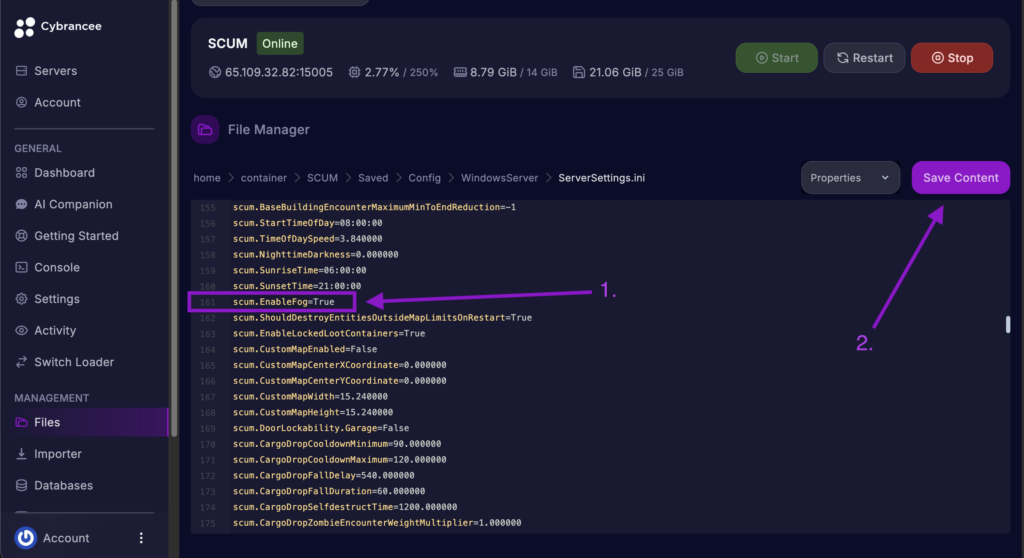 Cybrancee File Manager displaying scum.EnableFog setting with the Save Content button highlighted for a SCUM server.