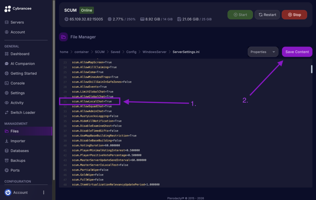 Cybrancee File Manager displaying scum.AllowLocalChat setting with the Save Content button highlighted for a SCUM server.