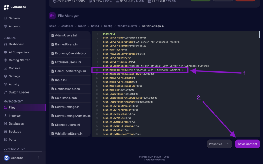 Cybrancee File Manager displaying scum.MessageOfTheDay setting with the Save Content button highlighted for a SCUM server.