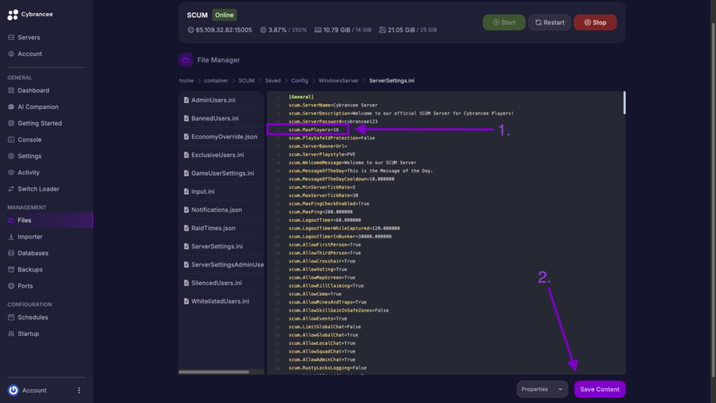 Cybrancee File Manager displaying scum.MaxPlayers setting with the Save Content button highlighted for a SCUM server.