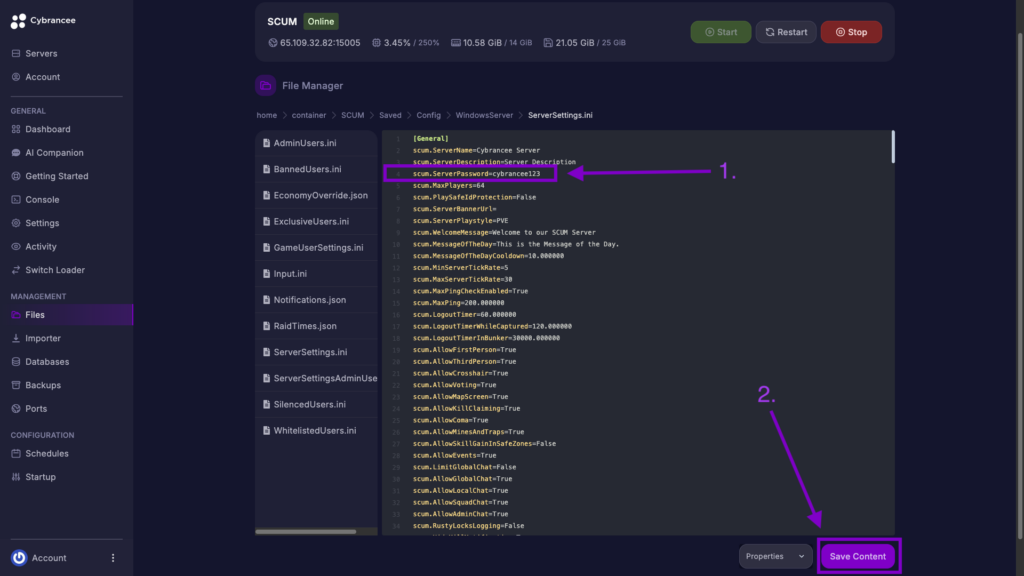 Cybrancee File Manager displaying scum.ServerPassword setting with the Save Content button highlighted for a SCUM server.