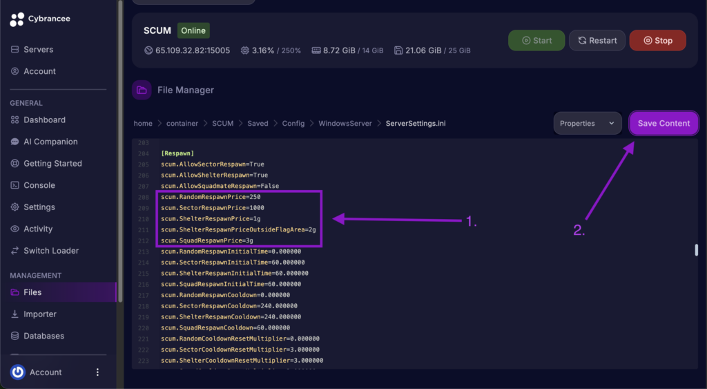 Cybrancee File Manager displaying scum.RandomRespawnPrice, scum.SectorRespawnPrice, scum.ShelterRespawnPrice, scum.ShelterResawnPriceOutsideFlagArea and scum.SquadRespawnPrice settings with the Save Content button highlighted for a SCUM server.