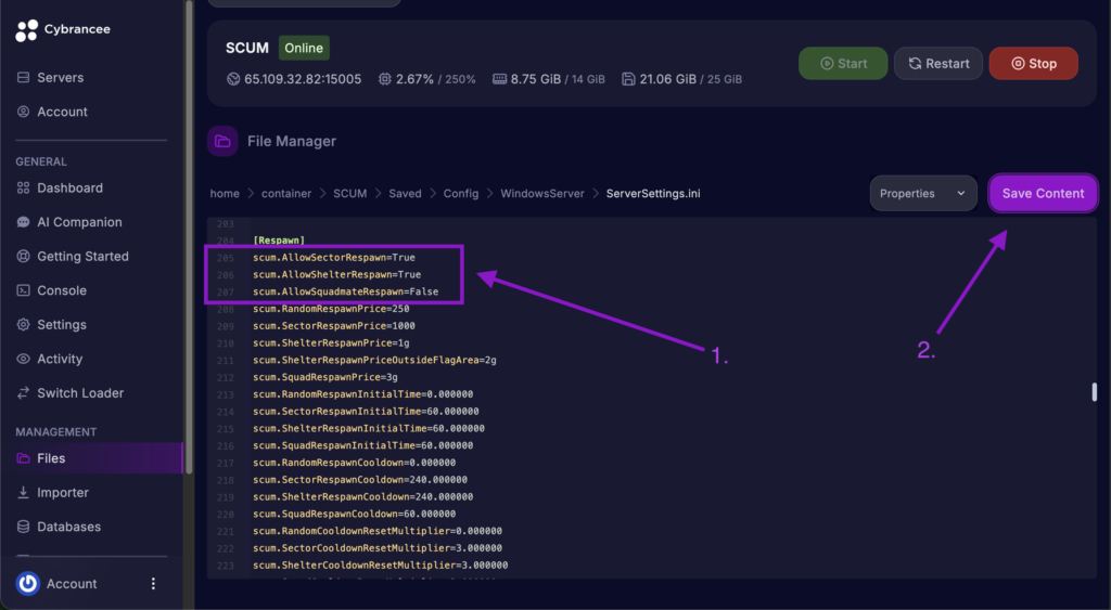 Cybrancee File Manager displaying scum.AllowSectorRespawn, scum.AllowShelterRespawn, and scum.AllowSquadmateRespawn settings with the Save Content button highlighted for a SCUM server.