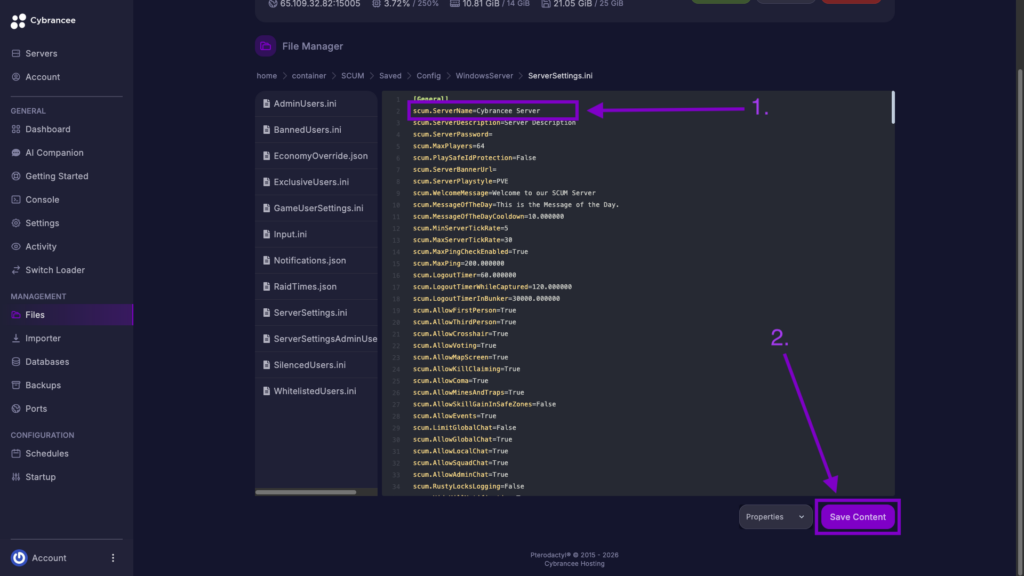 Cybrancee File Manager displaying scum.ServerName setting with the Save Content button highlighted for a SCUM server.