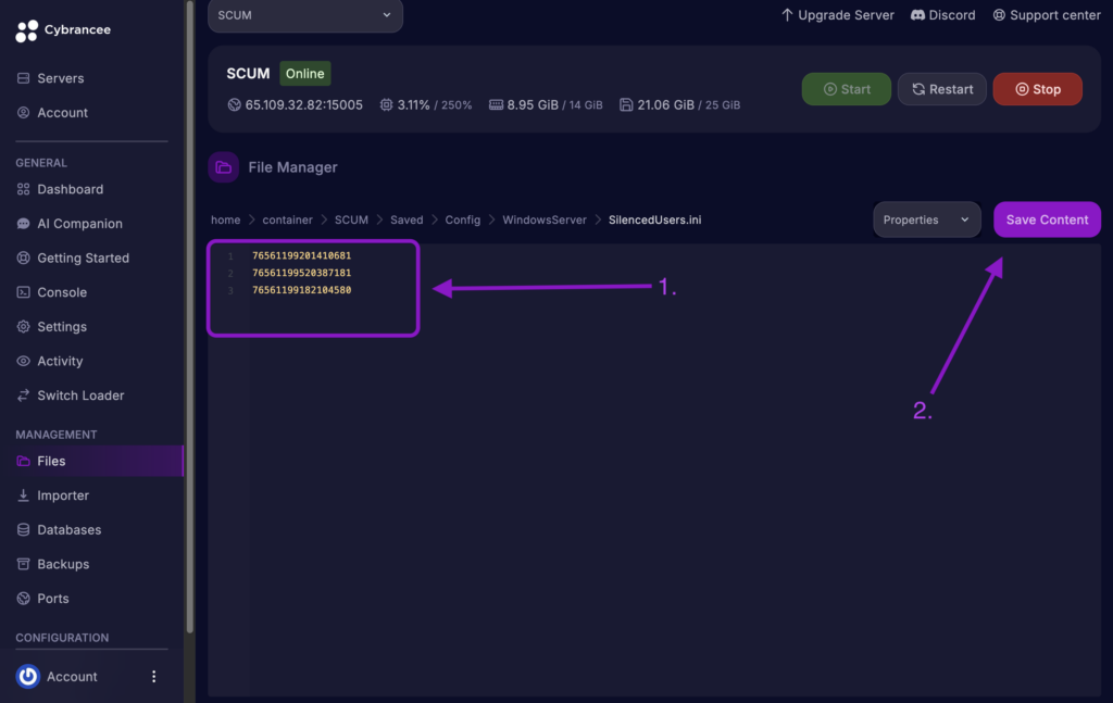 Cybrancee File Manager displaying SteamID64 list in SilencedUsers.ini with the Save Content button highlighted for a SCUM server.