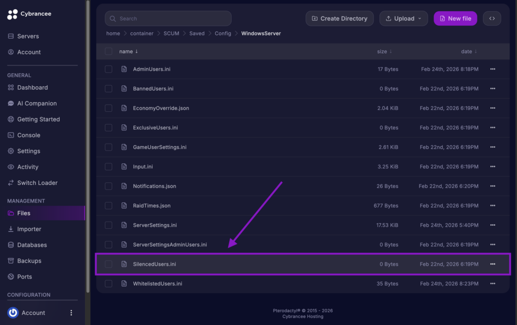 Cybrancee File Manager displaying the SilencedUsers.ini file highlighted for a SCUM server.