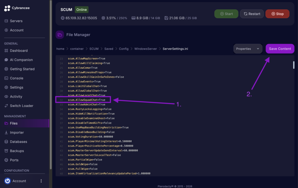 Cybrancee File Manager displaying scum.AllowSquadChat setting with the Save Content button highlighted for a SCUM server.