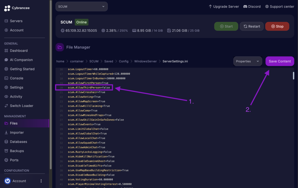 Cybrancee File Manager displaying scum.AllowThirdPerson setting with the Save Content button highlighted for a SCUM server.