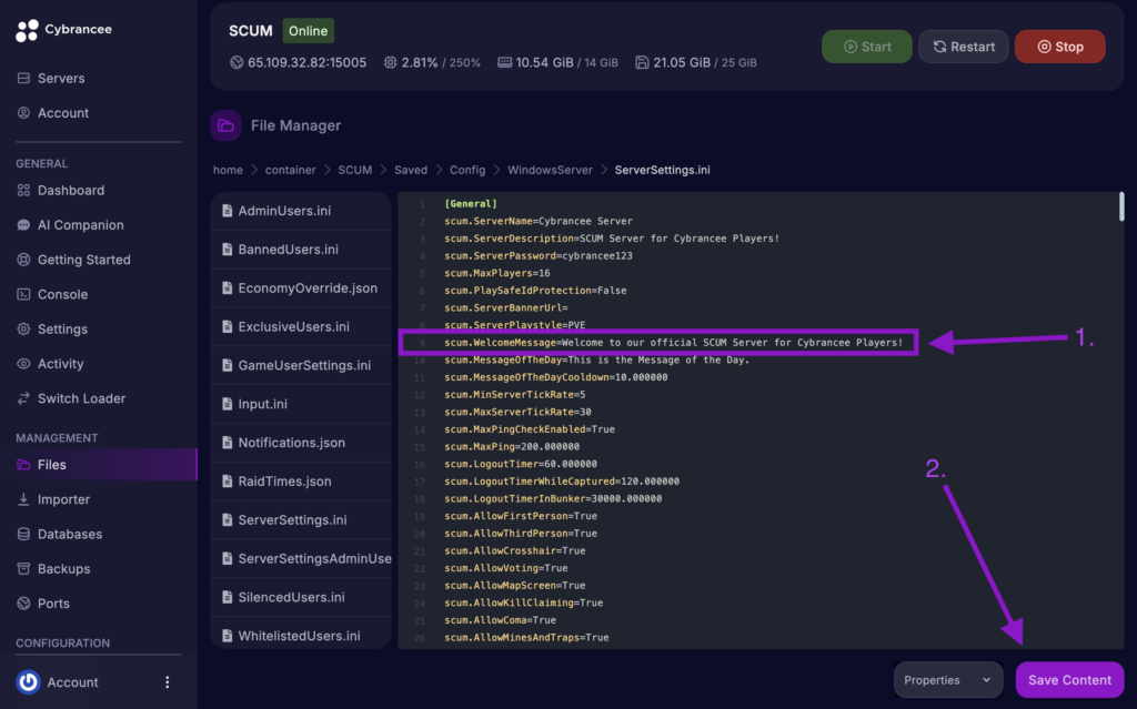 Cybrancee File Manager displaying scum.WelcomeMessage setting with the Save Content button highlighted for a SCUM server.