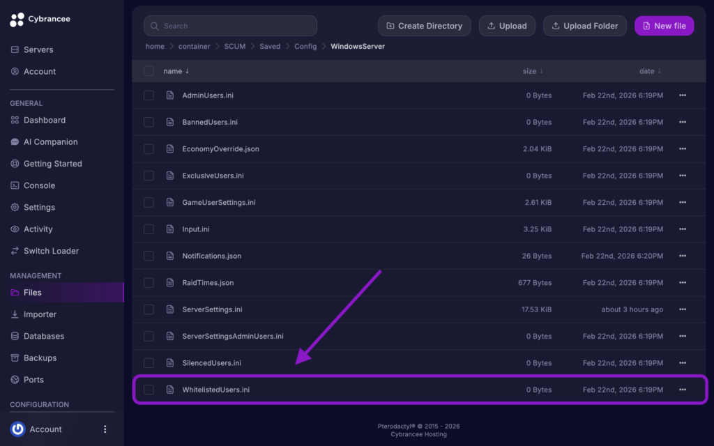 Cybrancee File Manager displaying the WhitelistedUsers.ini file highlighted for a SCUM server.