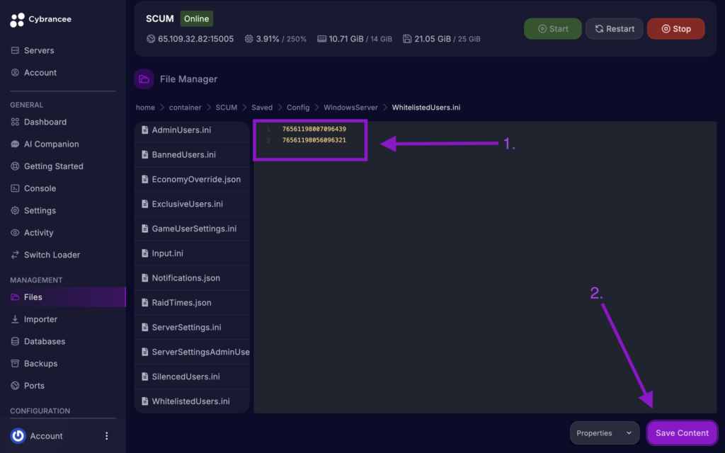 Cybrancee File Manager displaying SteamID64 list in WhitelistedUsers.ini with the Save Content button highlighted for a SCUM server.