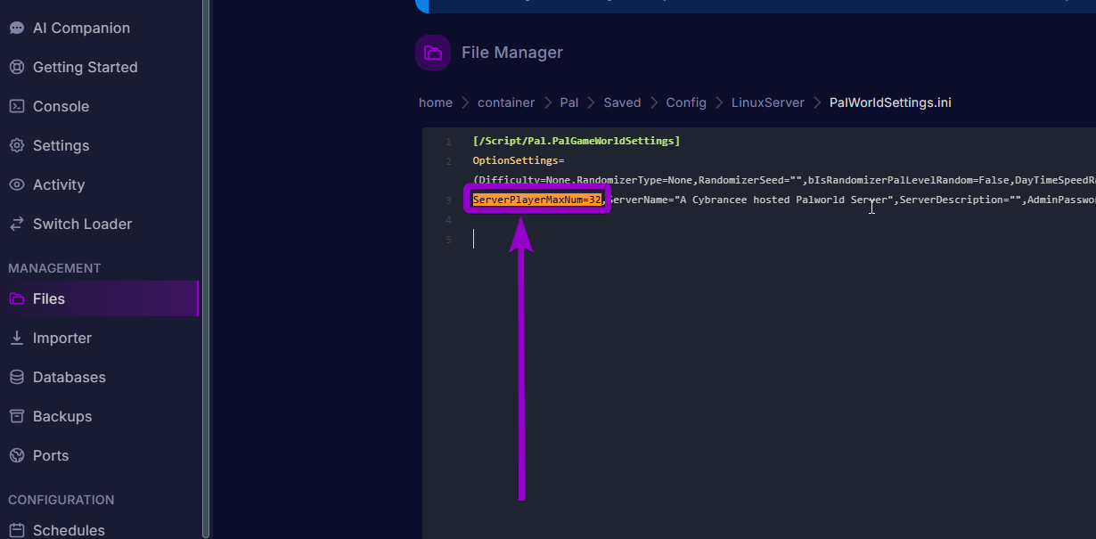 'ServerPLayerMaxNum'outlined with arrow