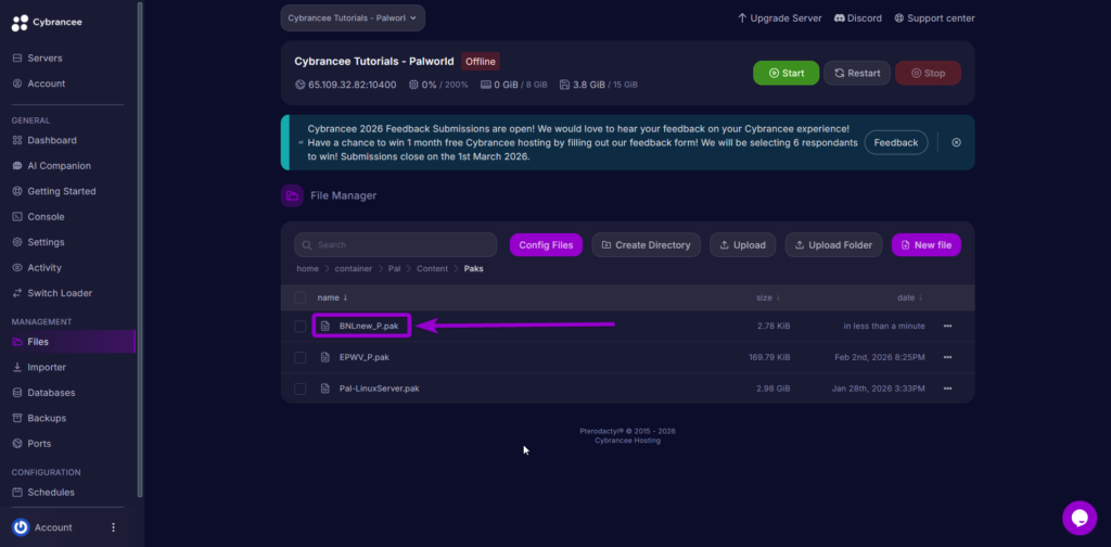 Upload the '.pak' file outlined with arrow 