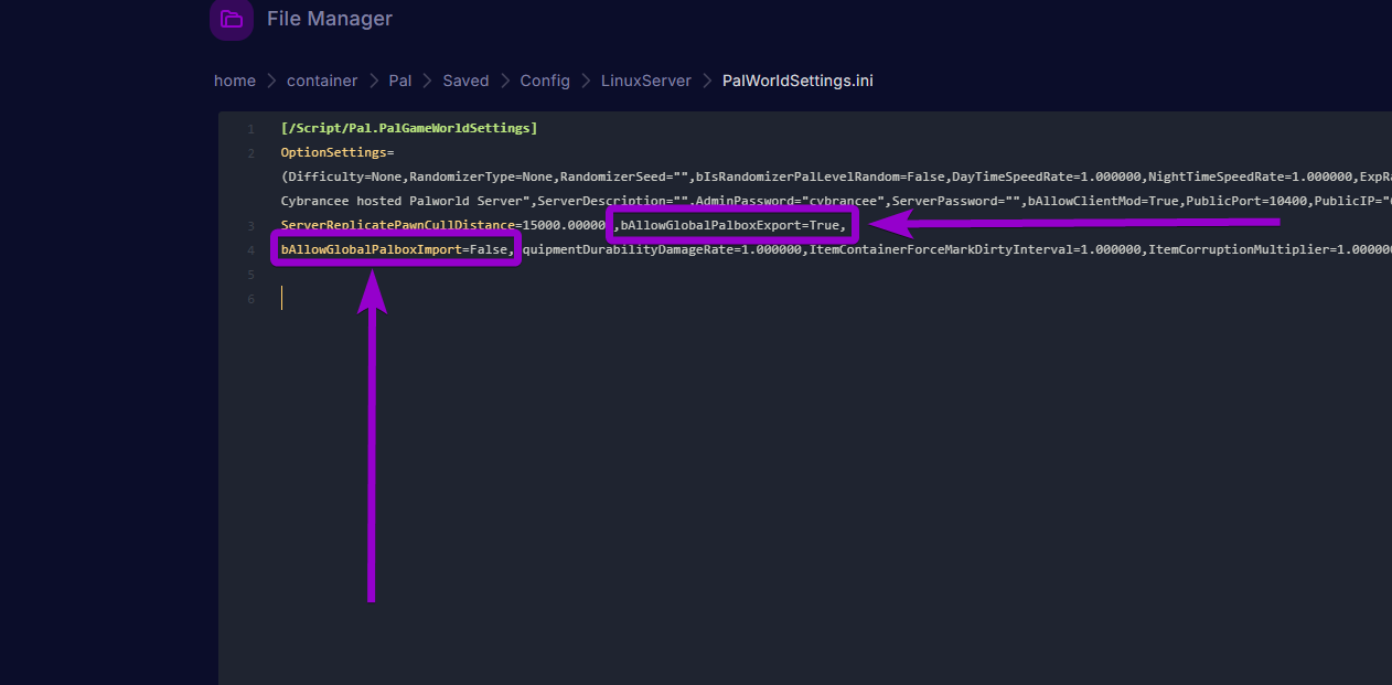 'bAllowGlobalPalboxImport-and-bAllowGlobalPalboxExport' outlined with arrow