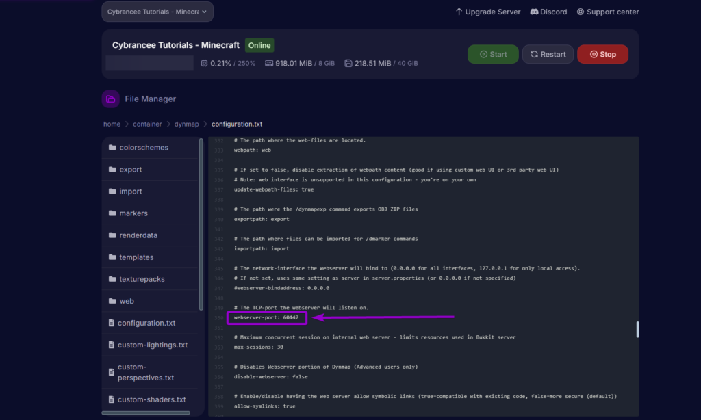 Editing the webserver-port line in the configuration file to match the new allocation