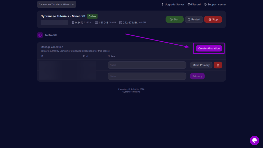 Clicking the Create Allocation button to generate a new port for the web map