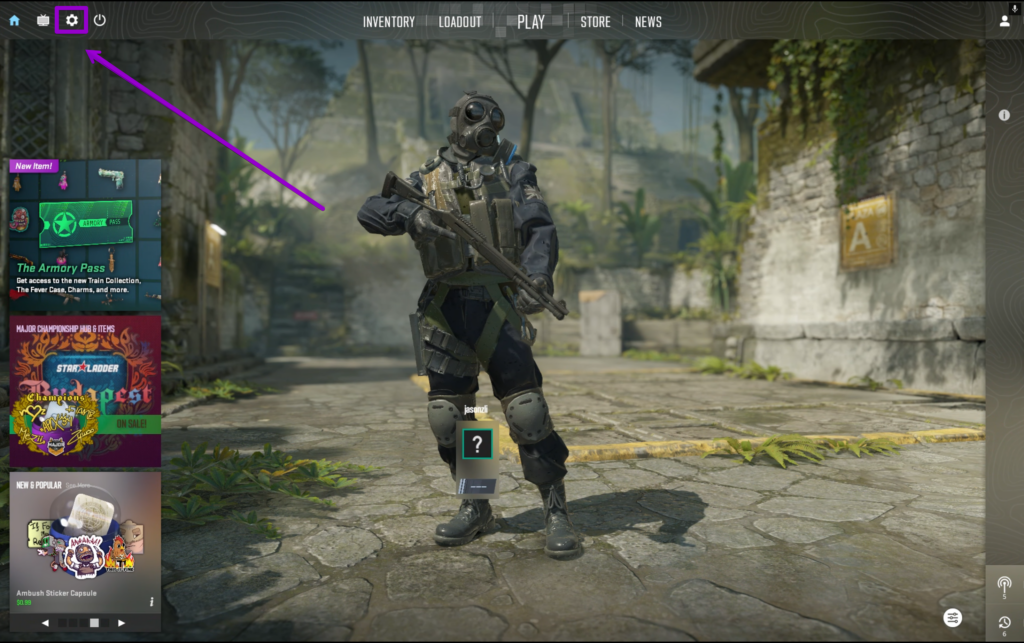 CS2 Game with Gear icon outlined.