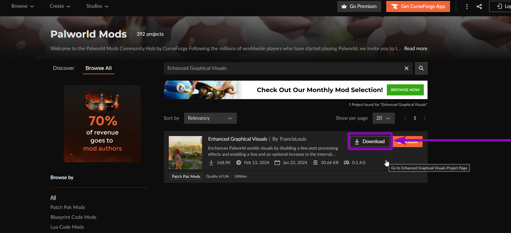'Download button'outlined with arrow