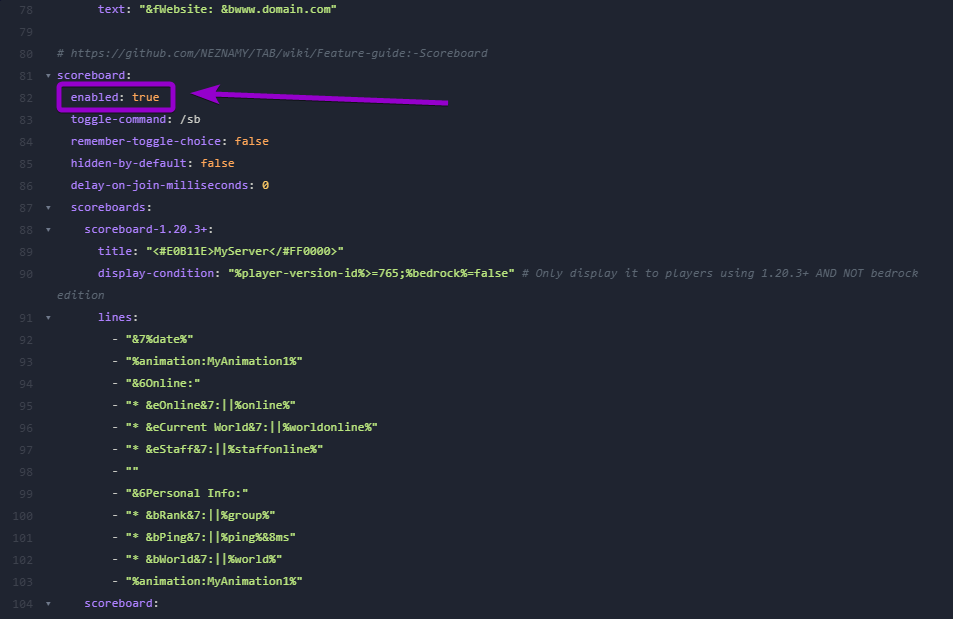 Changing the scoreboard setting from false to true in the configuration file to activate the sidebar