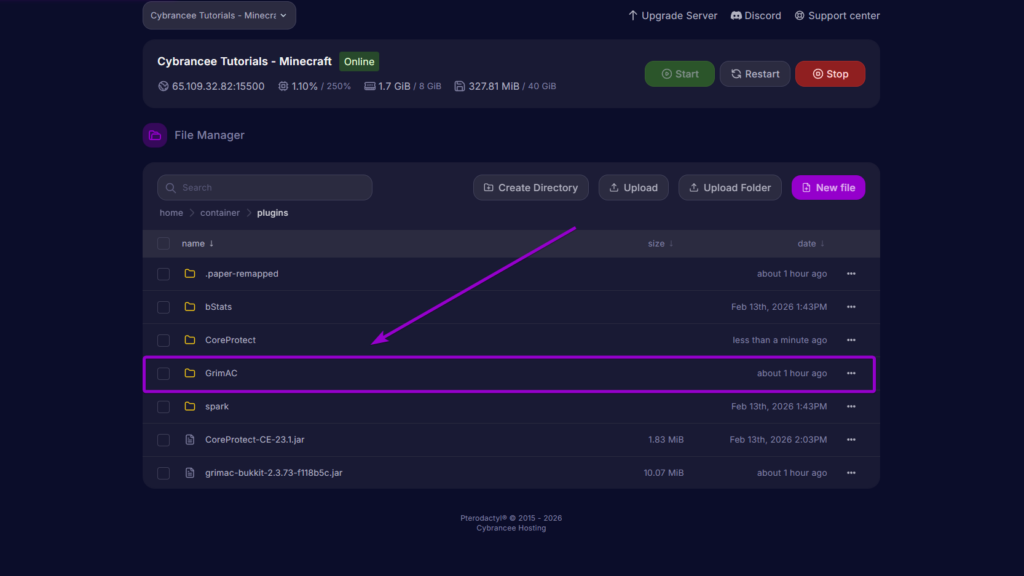 The GrimAC configuration folder generated in the plugins directory after restarting the server