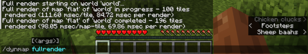 Running the dynmap fullrender command in the Minecraft chat to generate the map tiles.