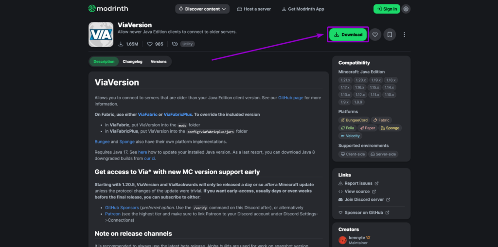 ViaVersion Modrinth Download button