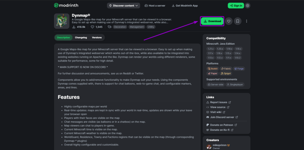 Modrinth Dynmap download button