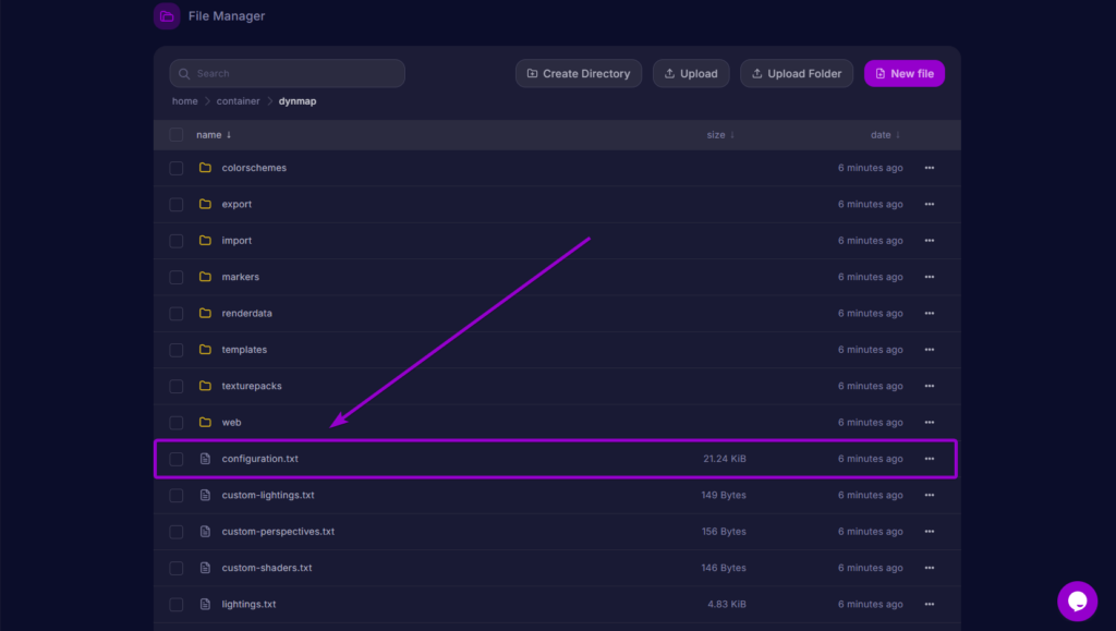 Selecting the configuration.txt file inside the dynmap folder