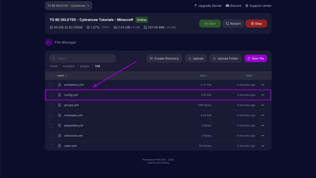 Selecting the config.yml file inside the TAB folder to edit the plugin settings