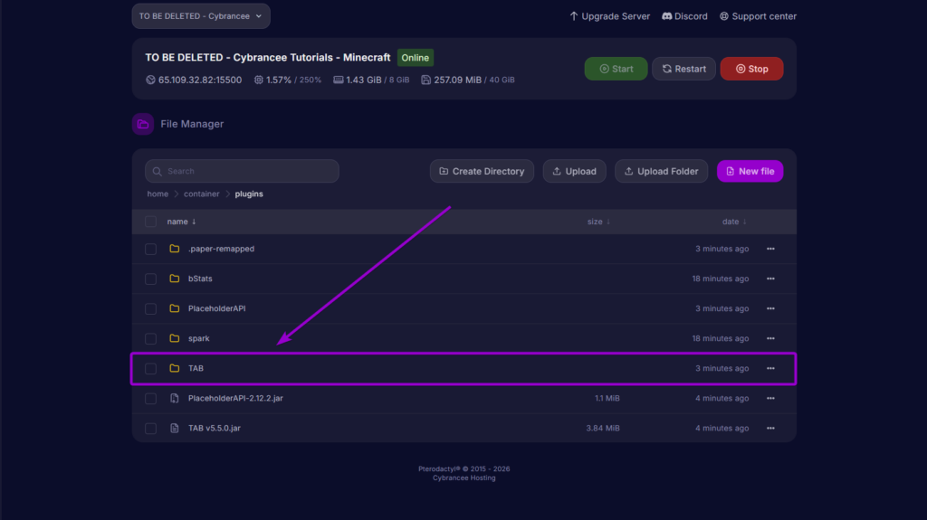Locating and opening the newly generated TAB folder inside the plugins directory