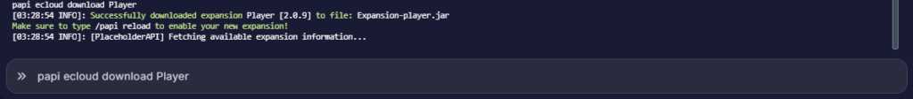 Running the command to download the Player expansion for PlaceholderAPI in the server console