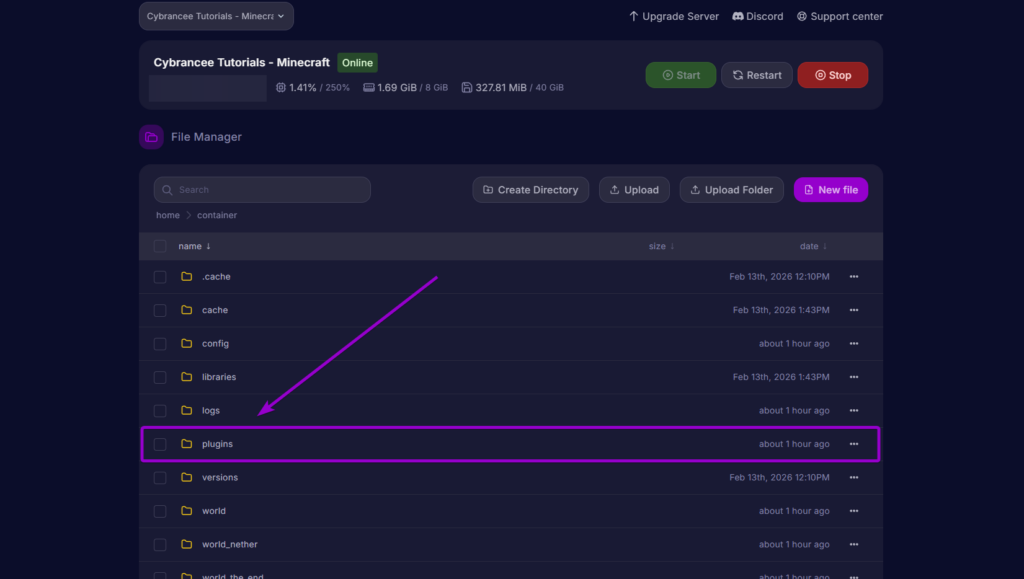 Navigating to the plugins folder in the server file manager.