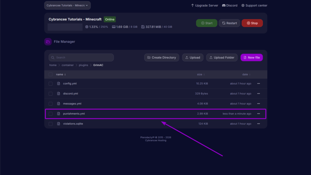 Selecting the punishments.yml file to configure automated bans and kicks